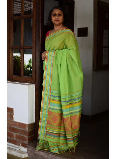 Parrot Green, Handwoven Organic Cotton, Textured Weave , Jacquard, Work Wear Saree